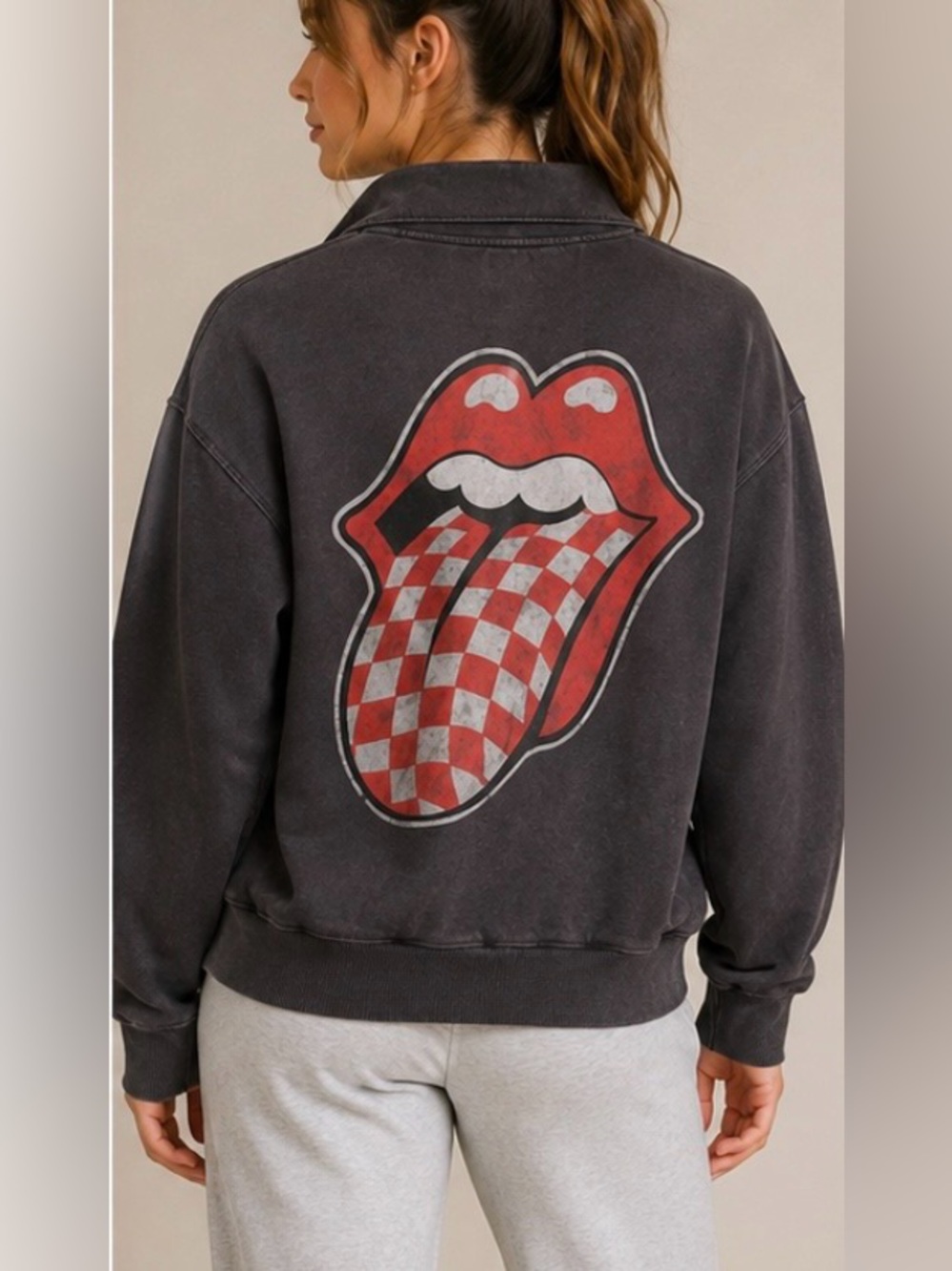 the Rolling Stones Charcoal Crewneck with Red Checker Tongue Graphic Back